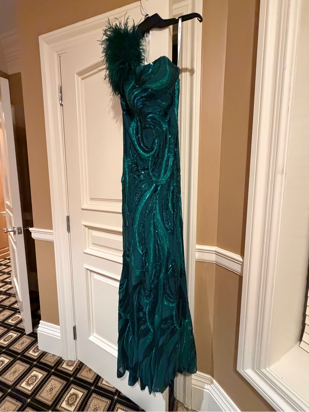 Jovani Emerald One-Shoulder Feather-Trim Sequin Gown